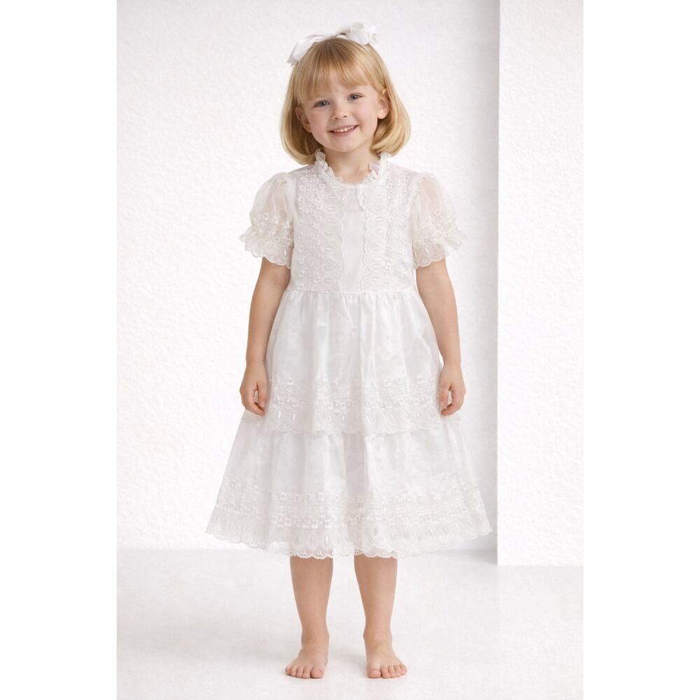 Little Girls Vintage Dress lace, beads, Dolly Size 7